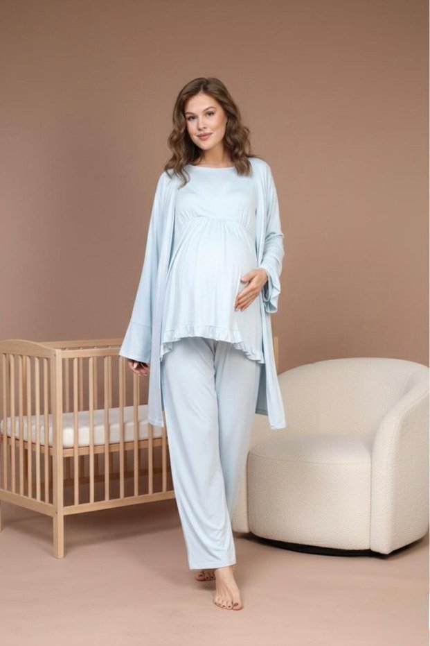 Women's Blue Spanish Sleeve Stylish Winter Design Maternity Pajama Set 3-Piece Set