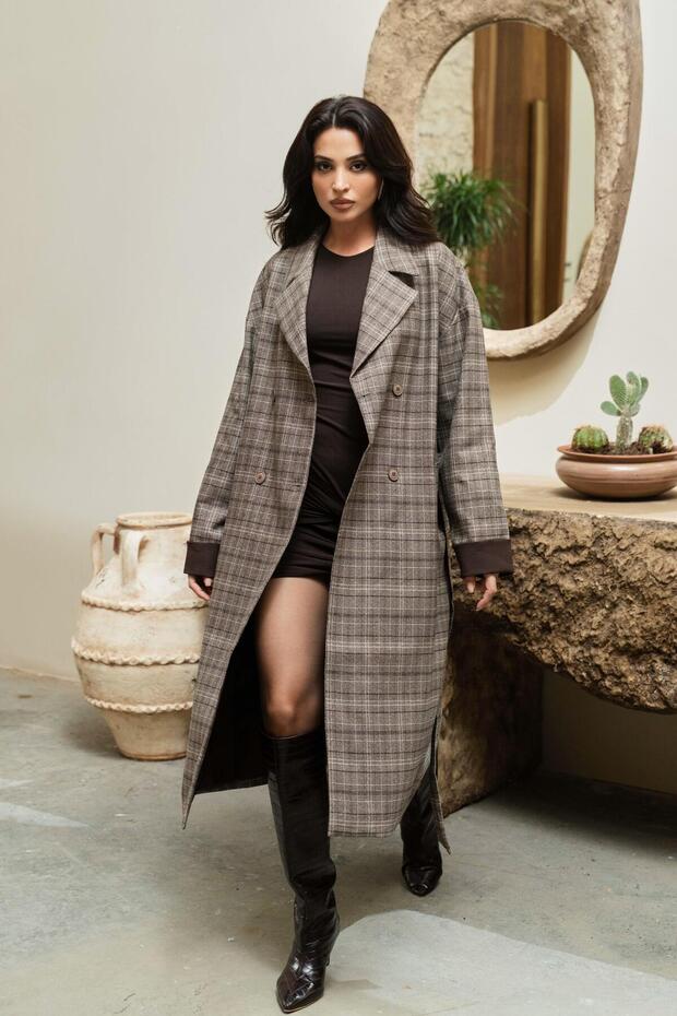 Brown Plaid Belted Lined Thin Coat