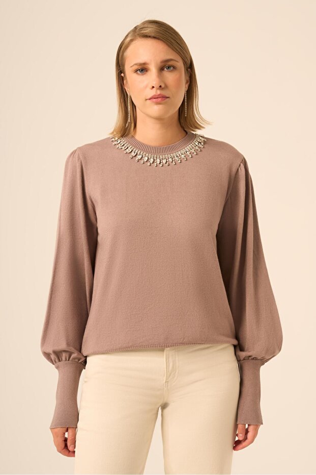 Women's Stone Detailed Sweater Milk Coffee 25050