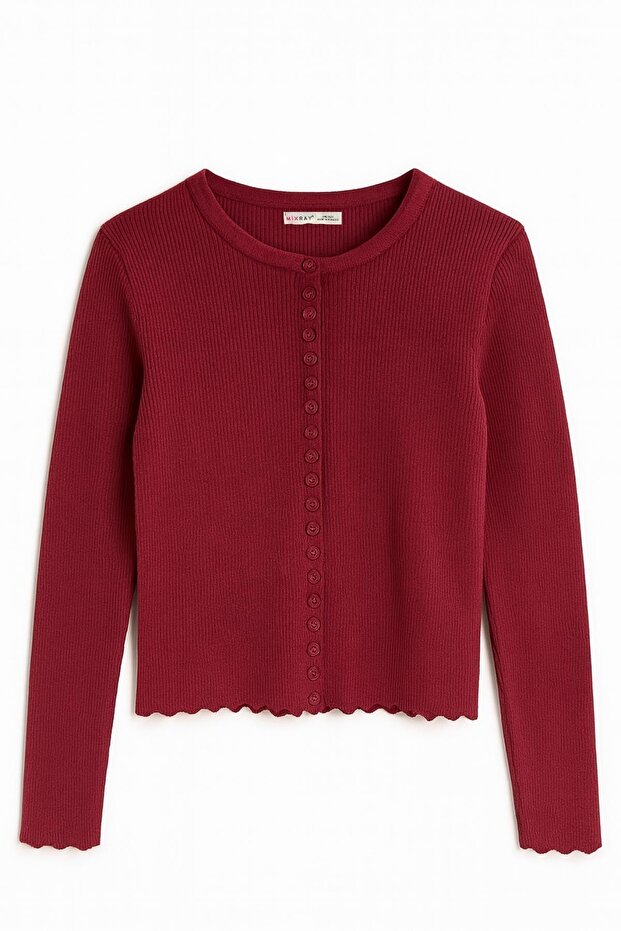 6972 Kadın Fitilli Basic Triko Hırka Bordo - 4