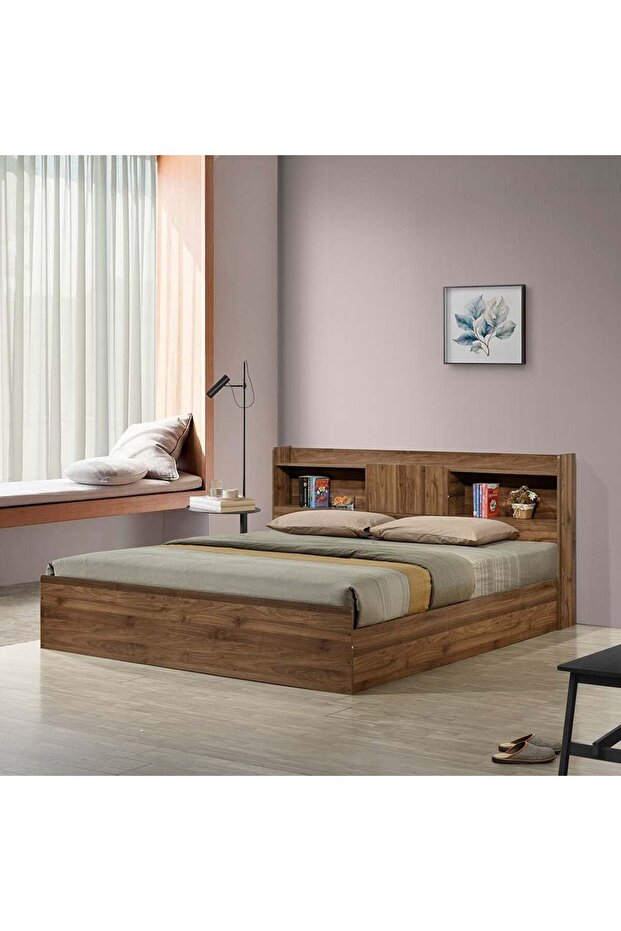 Supreme 160x200 Queen Bed in Light Walnut - Engineered Wood, 2-Year Warranty, Modern Design