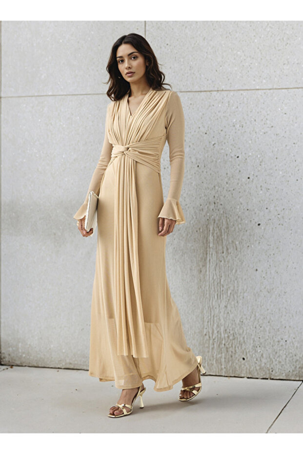 Lurex Accent Maxi Nylon Blend Dress with Bell Sleeves