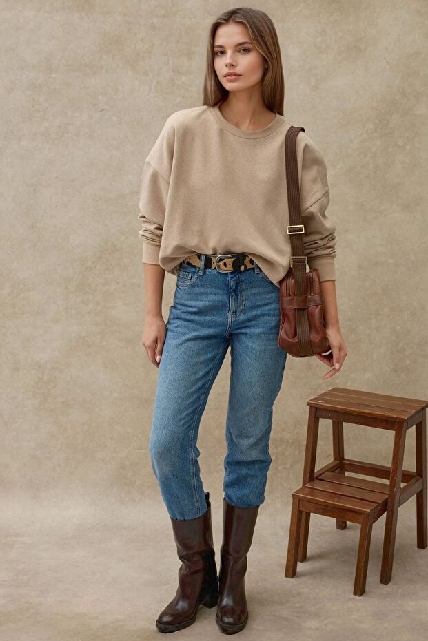 Oversize Bisiklet Yaka Basic Sweatshirt - 5