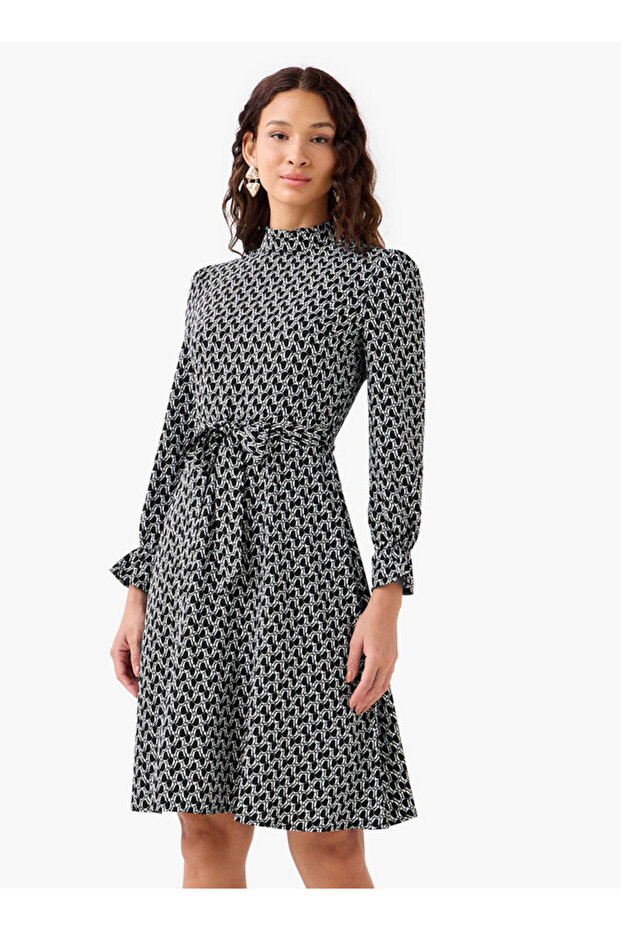 Abstract Print Mini Dress with High Neck and Tie-Up Belt