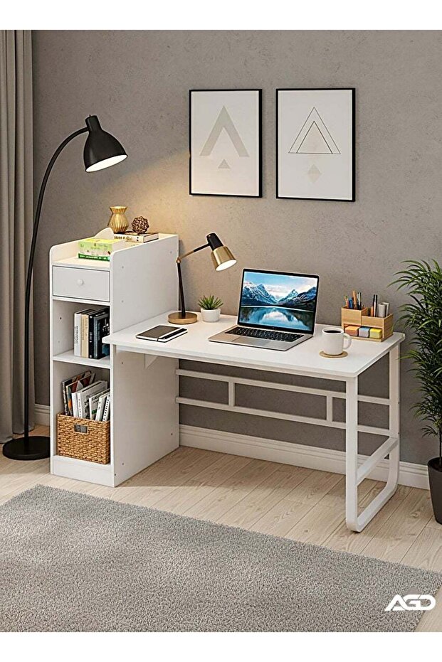 Study Table With Side Shelves Unit For Computer, Study, Writing - White - 1