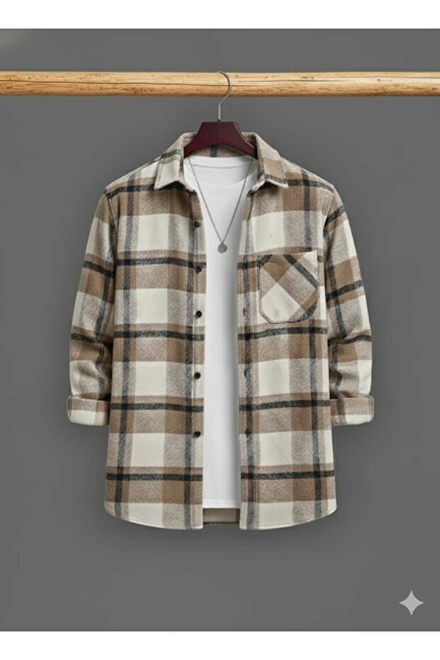 Single Pocket Detailed Plaid Textured Cashmere Cotton Button-Down Collar Winter Lumberjack Shirt
