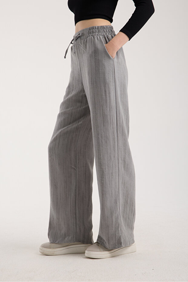 Linen Fabric High Waist Striped Elastic and String Lace-Up Waist Detailed Trousers