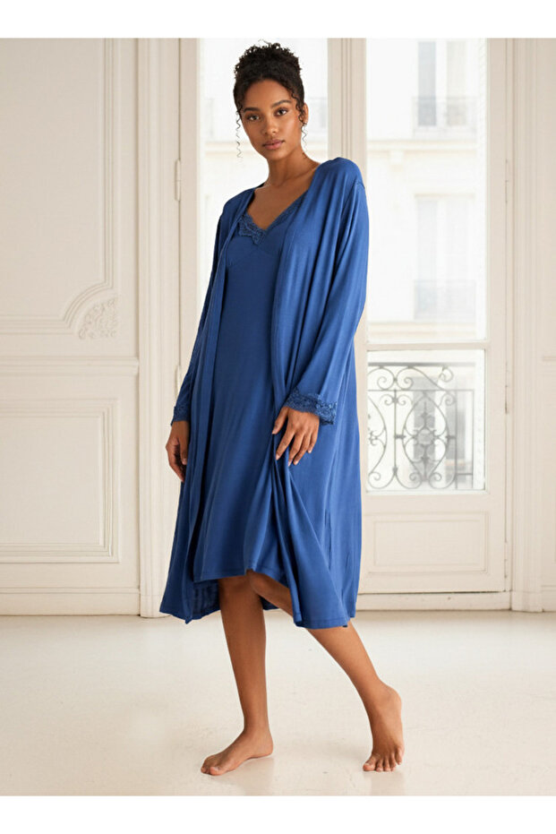 Night Dress with Robe Sleeveless Lace Detail