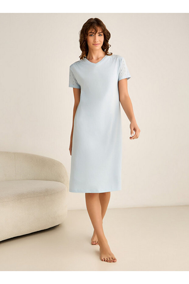 Night Dress Short Sleeves Embroidered Cotton