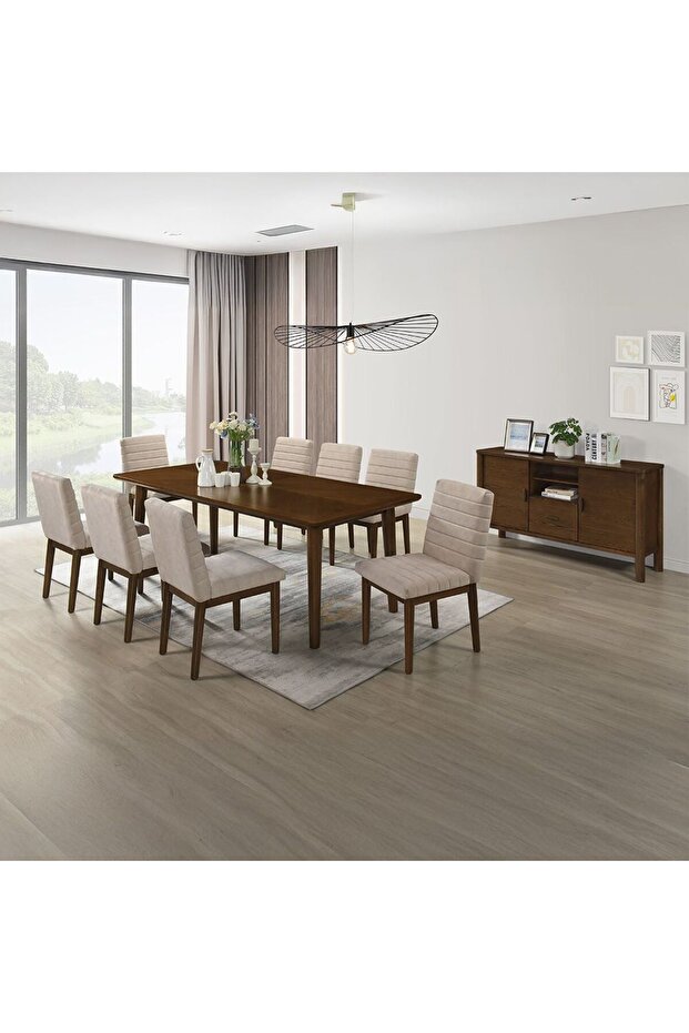 Gerry 1 + 8 Wooden Dining Set - Walnut Antique Brown/Beige, 8-Seater, Engineered & Solid Wood