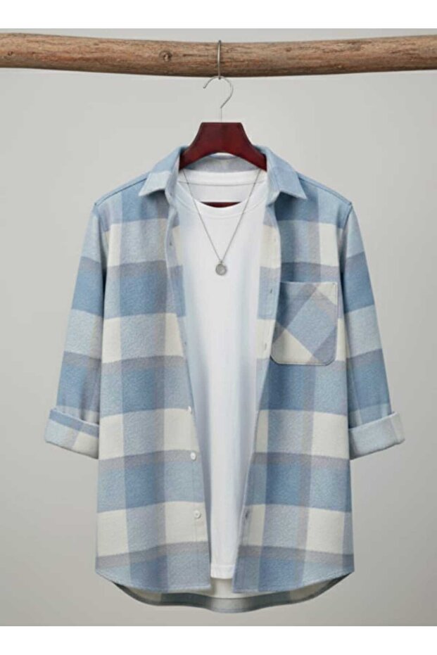 Single Pocket Detailed Plaid Textured Cashmere Cotton Button-Down Collar Winter Lumberjack Shirt