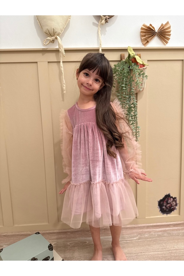 Powder Skirt with Ruffled Hem Long Ruffle Tulle Sleeve Velvet Fabric Girls' Children's Baby Girl Dress