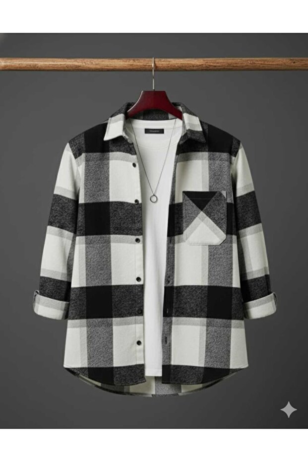 Single Pocket Detailed Plaid Textured Cashmere Cotton Button-Down Collar Winter Lumberjack Shirt