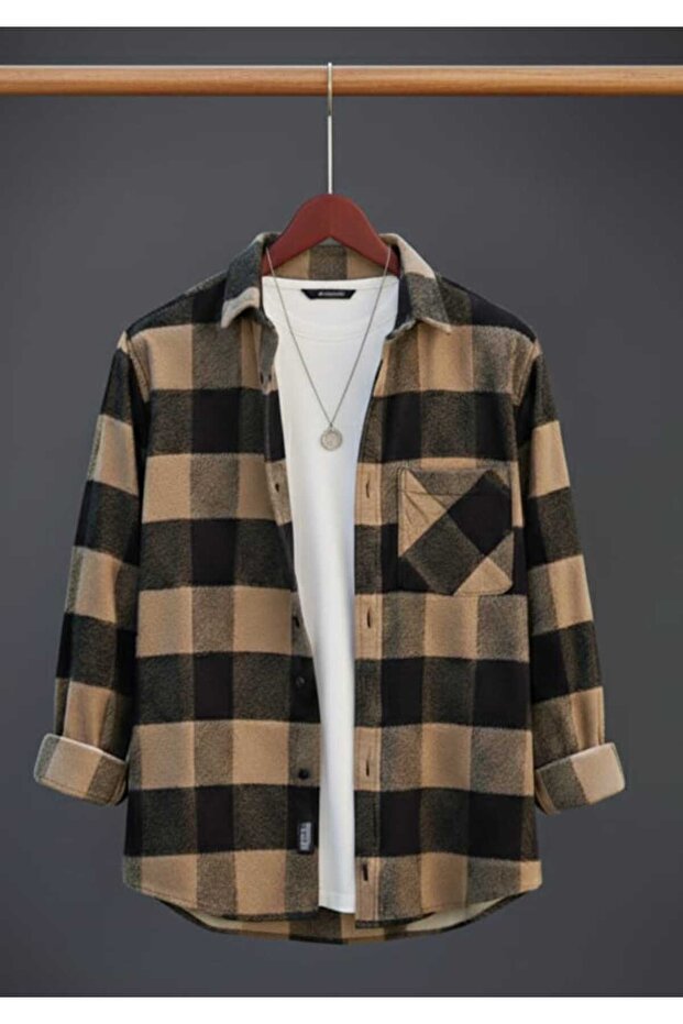 Single Pocket Detailed Plaid Textured Cashmere Cotton Button-Down Collar Winter Lumberjack Shirt