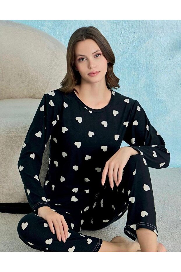 Zero Collar Patterned Soft Pajama Set - 4