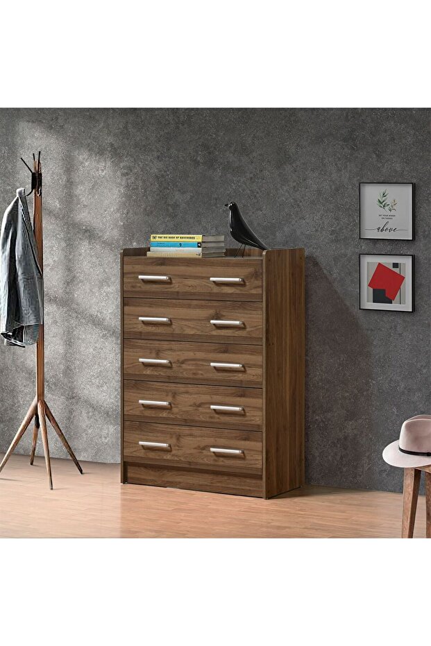 Supreme Light Walnut Chest of 5 Drawers - Engineered Wood Bedroom Storage, 80x40.5x116cm