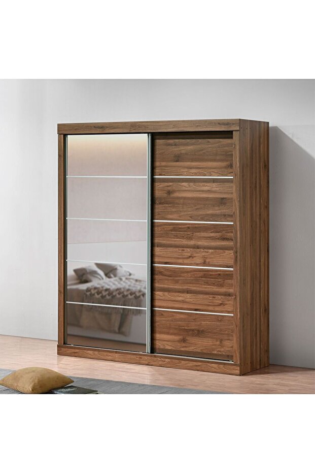 Supreme New 2-Door Large Sliding Door Wardrobe with Mirrors - Light Walnut Wood, 182x57.5x210cm