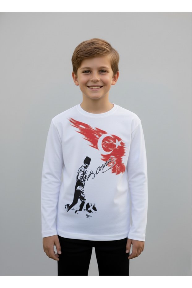 Children's Boys-Girls Atatürk Kocatepe Turkish Flag 100% Cotton Long Sleeve White T-Shirt