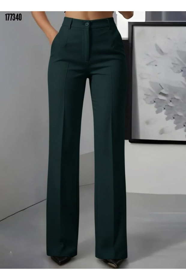 New Season Women's High Waist Imported Crepe Trousers with Pockets Green