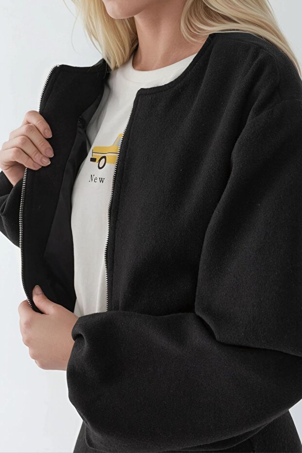 Fermuarlı Oversize Kaşe Bomber Ceket - 5