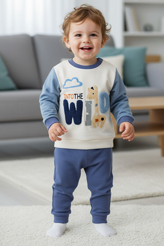 Embroidered Giraffe B Printed Combed Cotton 100% Cotton Baby Boy Children's 2-Piece Set 9