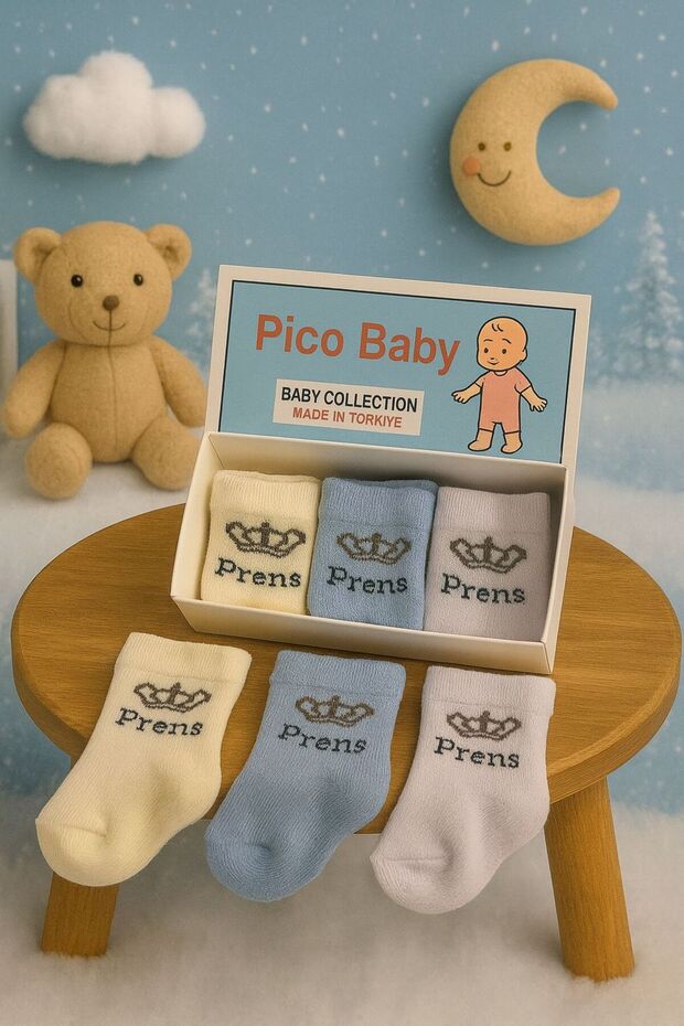 3-Piece Boxed Newborn Prince Patterned Cotton Socks