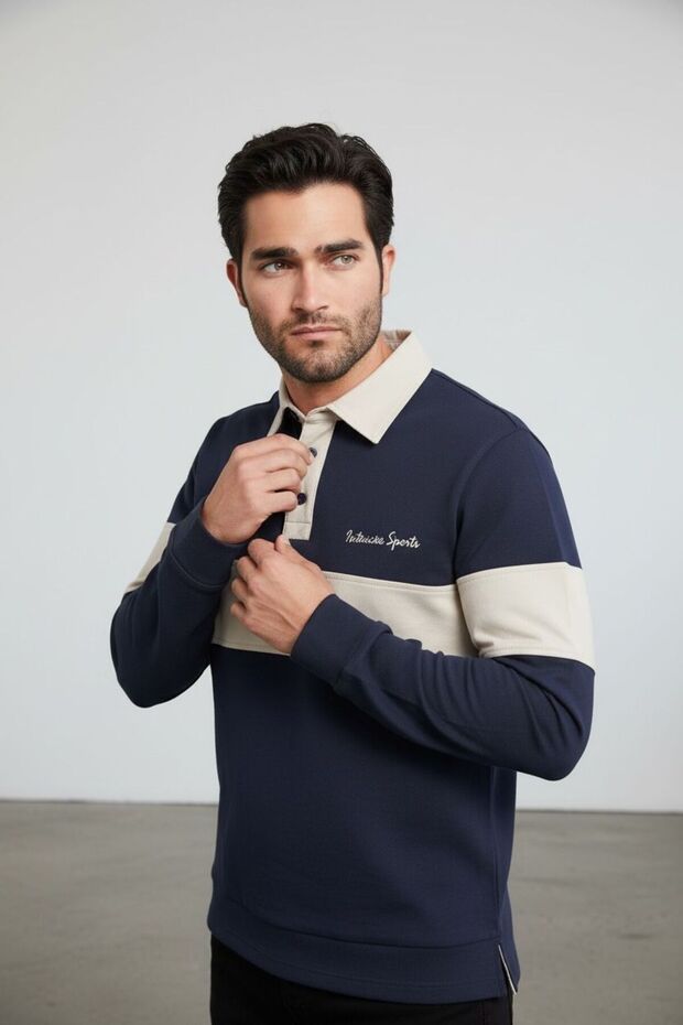 Interview Snap Polo Collar Combination Navy Blue Beige Sweatshirt
