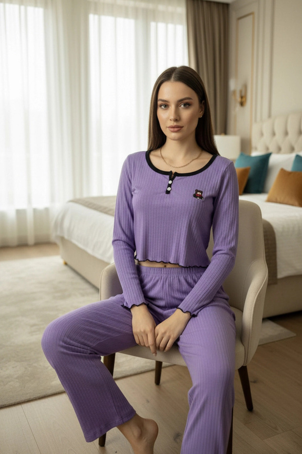 Teddy Bear Embroidered Cotton Ribbed Knit Crop and Pants Set Premium Pajama Set