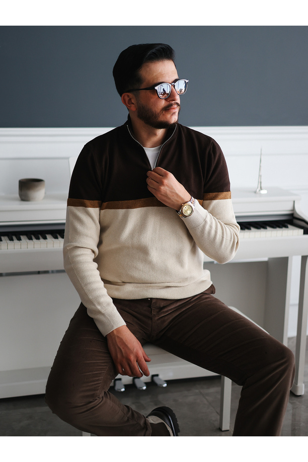 Renk Bloklu Yarım Fermuar Erkek Triko Kazak - 3