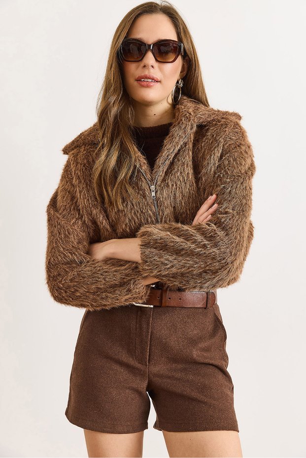 Women's Camel Lined Zippered Pocket Faux Fur Coat Kbn-19000025