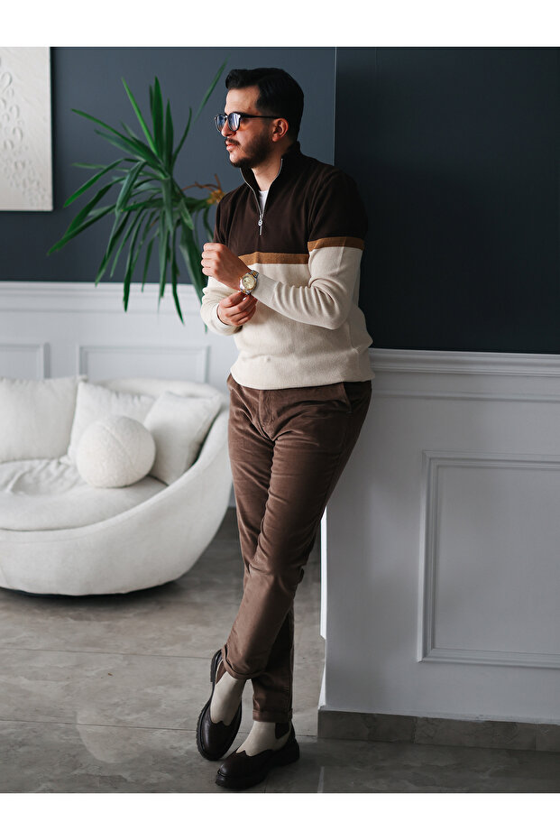 Renk Bloklu Yarım Fermuar Erkek Triko Kazak - 5