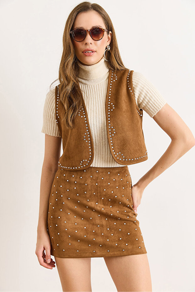 Women's Tan Stone Detailed Suede Vest Ylk-19000095