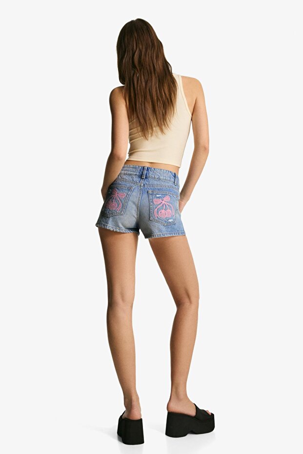Baskılı denim şort - 2