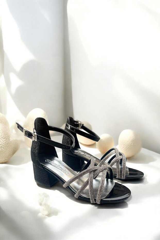 Girl's Stoned Comfortable Sole Classic Heeled Open-Front Evening Dress Shoes Sandals - Black