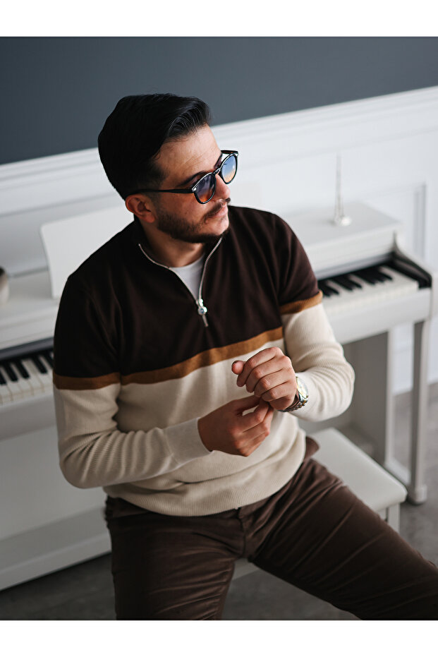 Renk Bloklu Yarım Fermuar Erkek Triko Kazak - 2