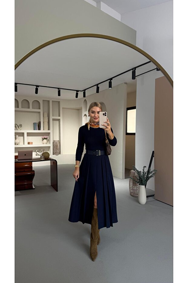 Belted Double Pleated Detail Navy Blue Midi Skirt