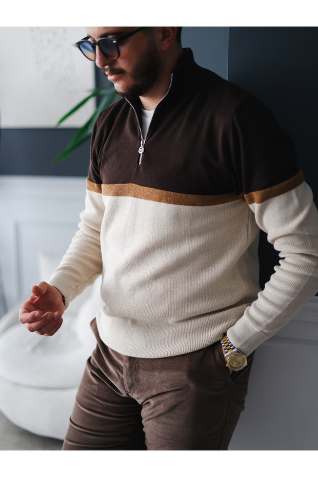 Renk Bloklu Yarım Fermuar Erkek Triko Kazak - 6