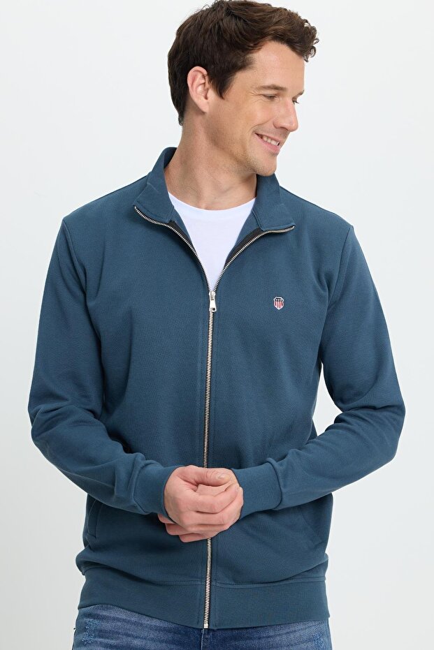 Men's Slim Fit Cotton Full Zip Double Pocket Stand Collar Sweatshirt Cardigan