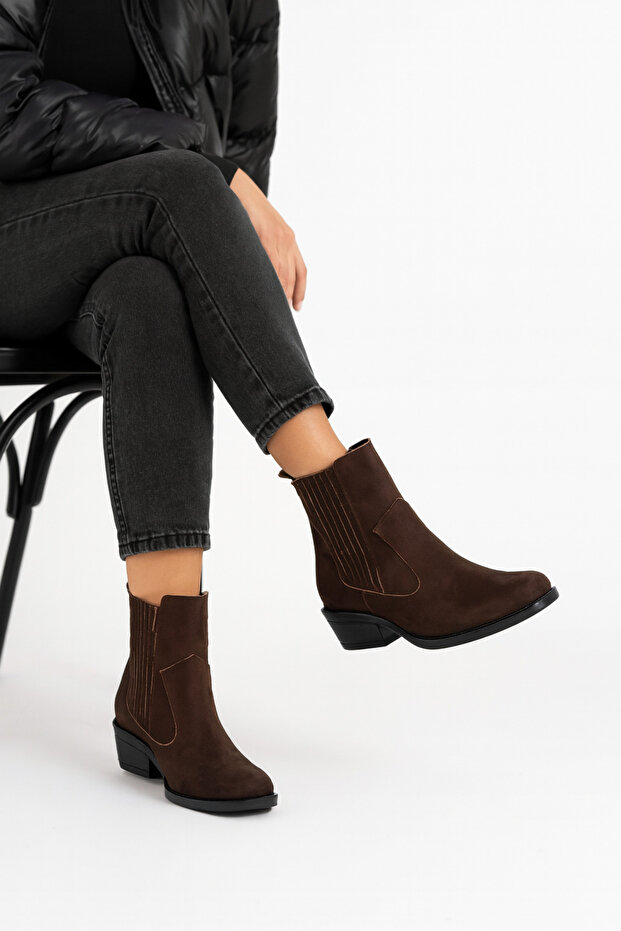 Women's Bitter Brown Suede Elastic Sheepskin Lined 3 cm Heeled Non-Slip Sole Boots