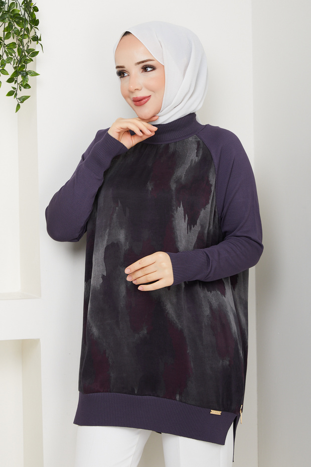 Women's Half Turtleneck Side Zipper Silk Cupra Mercerized Tunic
