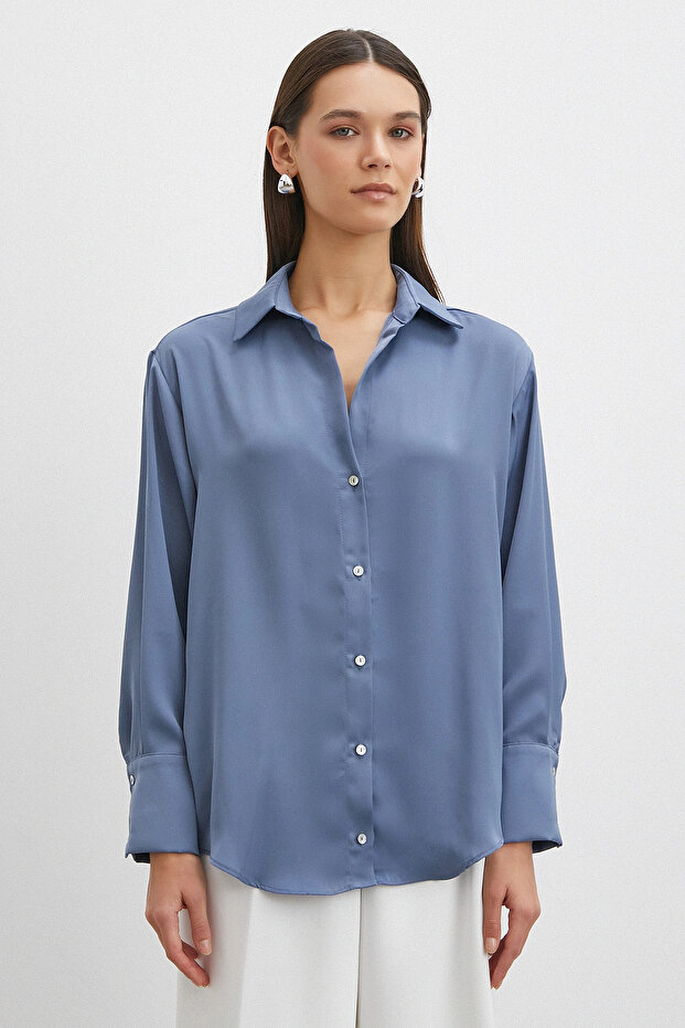 Basic Saten Gömlek İndigo - 4