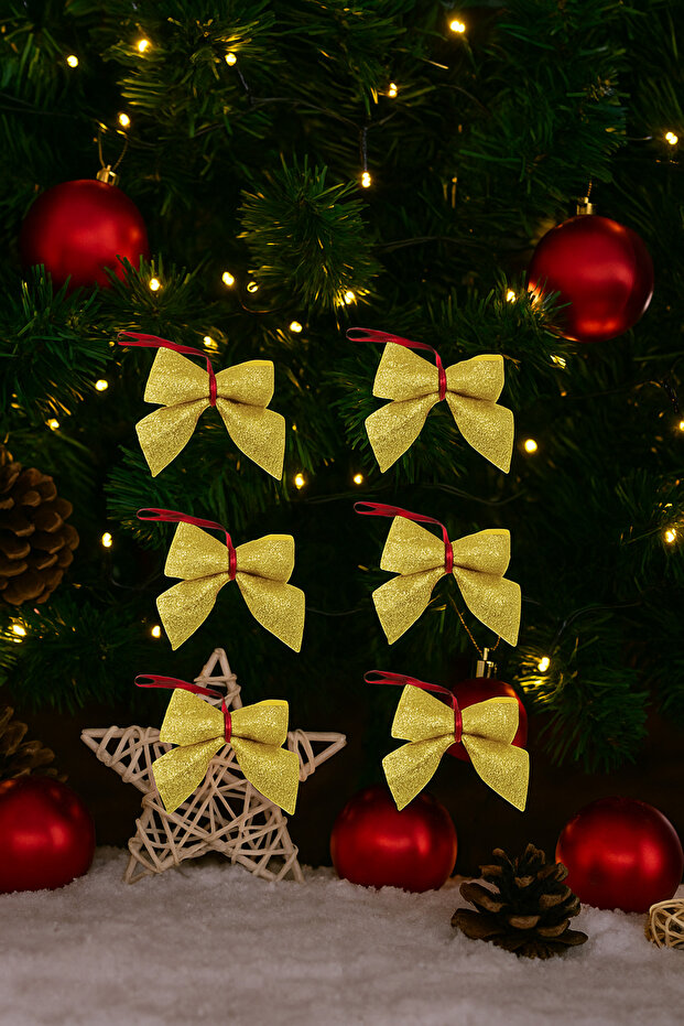 6 cm Gold Glitter Eva Bow Ribbon – Set of 6 Christmas Tree and Package Decorations