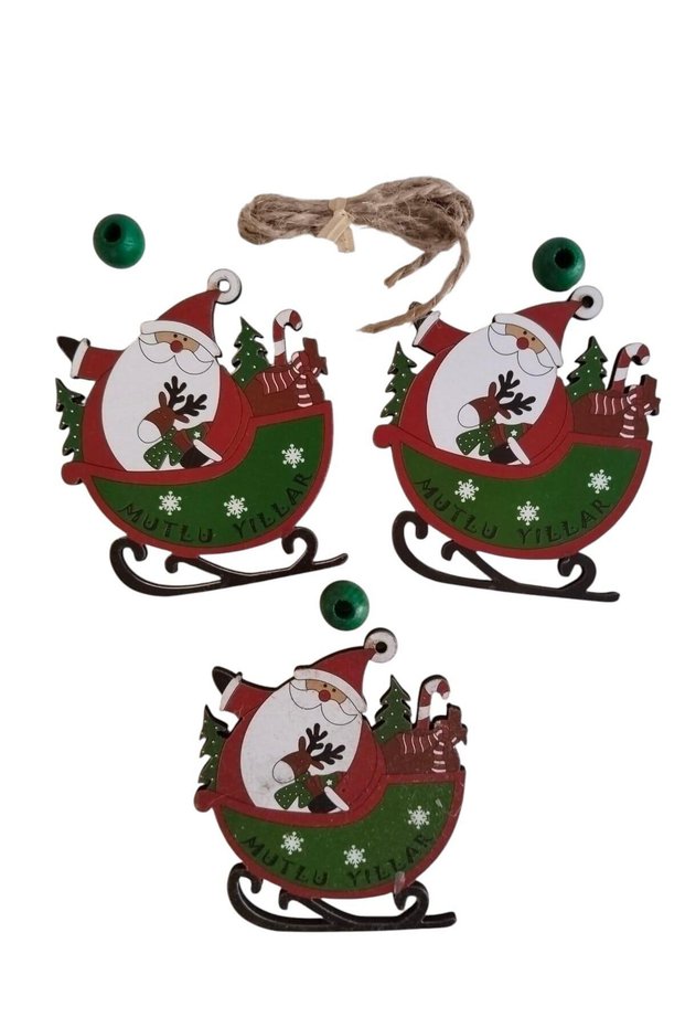 Christmas Santa Claus Sleigh Tree Ornament Wooden Mdf 3-Piece