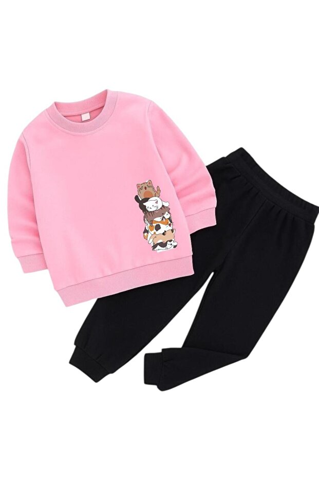 Cats Overlap Printed 3 Thread Children's Tracksuit Set