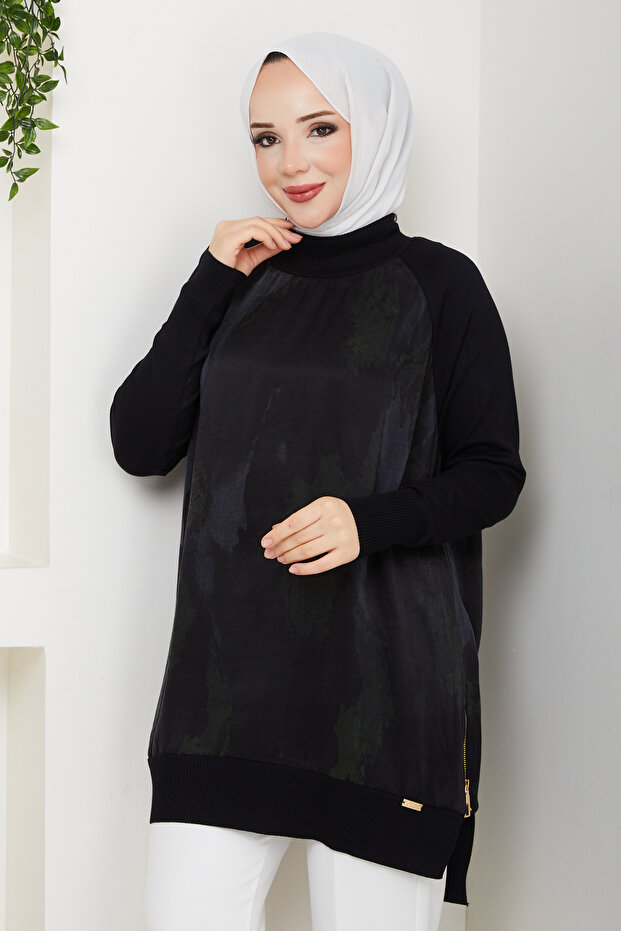 Women's Half Turtleneck Side Zipper Silk Cupra Mercerized Tunic