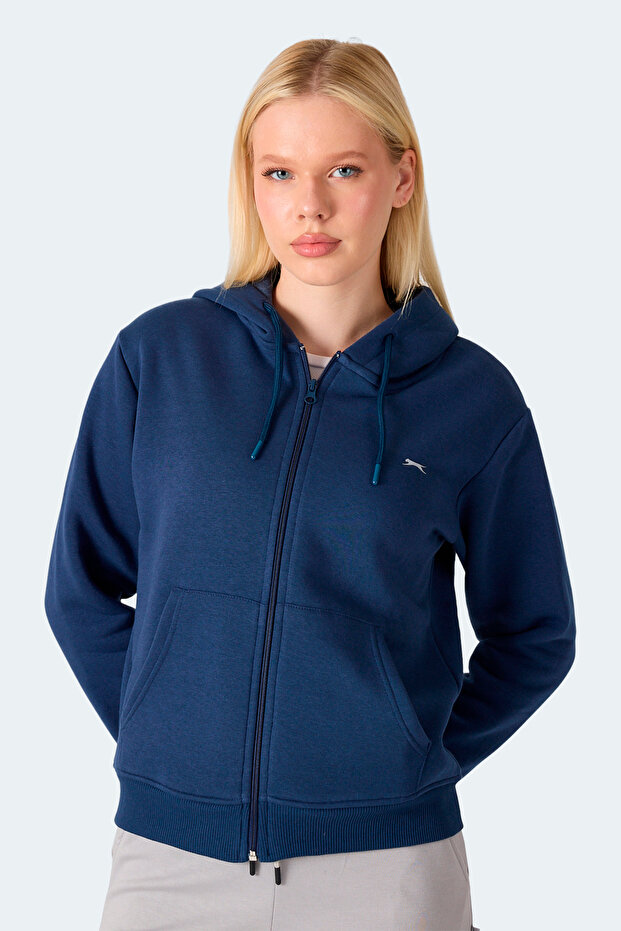 Milio I Women's Zippered Hooded Pocket Navy Blue Sweatshirt