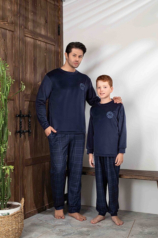 Men's Navy Blue Plaid and Square Pattern Long Sleeve Father-Son Velvet Fabric Winter Warm Pajama Set
