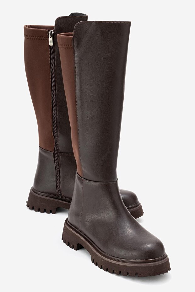 Women's Flat Zippered Stretch Boots Brown Skin