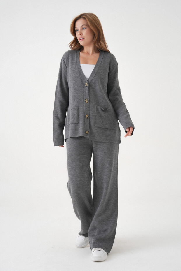 Women's V-Neck Pocket Detail Button Closure Oversized Jacket Pants Two-Piece Knitwear Set
