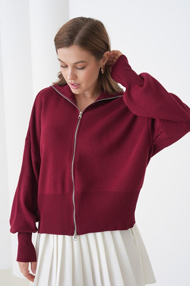 Basic Oversize Devrik Yaka Fermuarlı Triko Hırka AW25HI0059 - 1